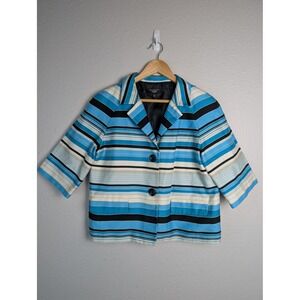 Talbots Jacket Womens 12P Blue Striped Lined 3/4 Sleeve Blazer Short Career